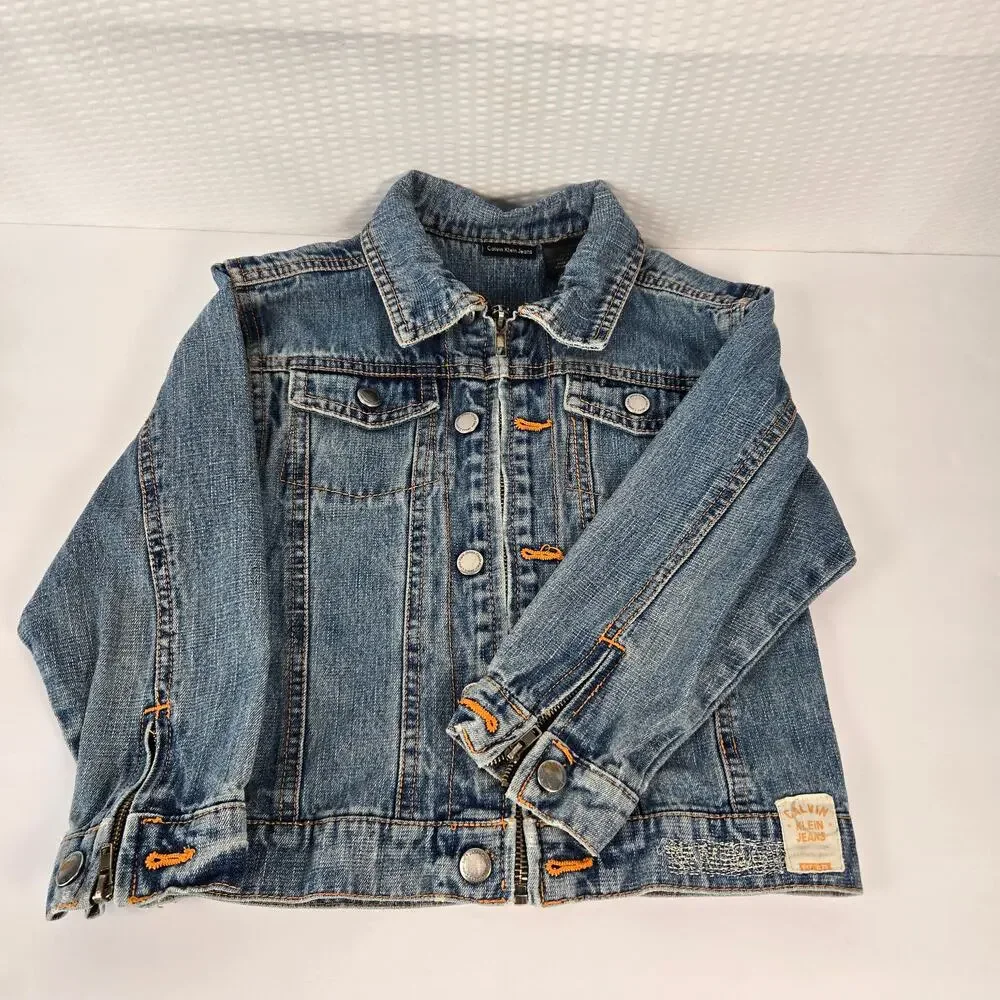 Calvin Klein Child Denim Trucker Jacket Contrast Orange Stitching Size 4/5
